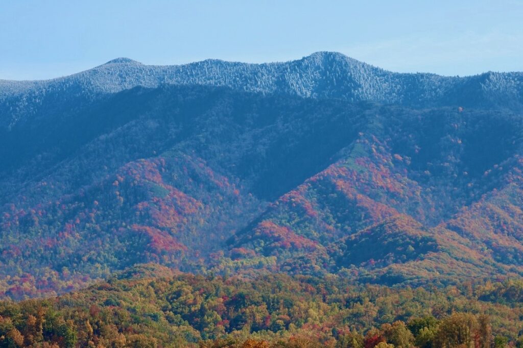 Snow-capped mountains with fall color